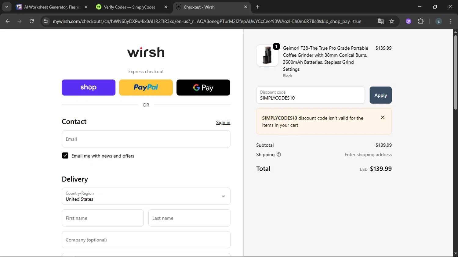 Wirsh promo code screenshot showing code SIMPLYCODES10 applied at Wirsh checkout page. Uploaded by SimplyCodes community member LegendaryFox9861 on Dec 8, 2025