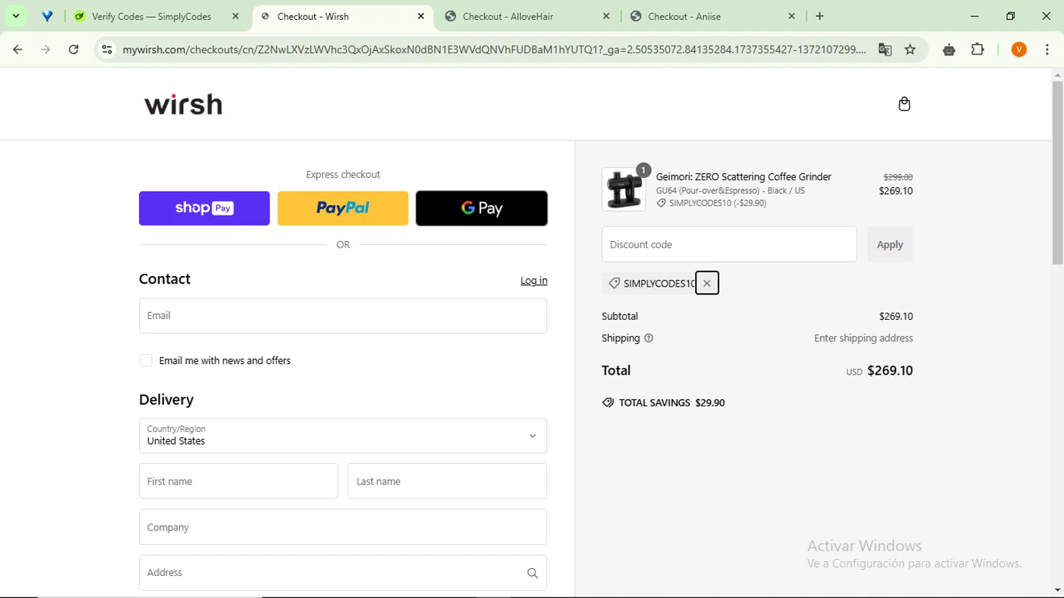 Wirsh promo code screenshot showing code SIMPLYCODES10 applied at Wirsh checkout page. Uploaded by SimplyCodes community member RebateSaver5991 on Jan 20, 2025