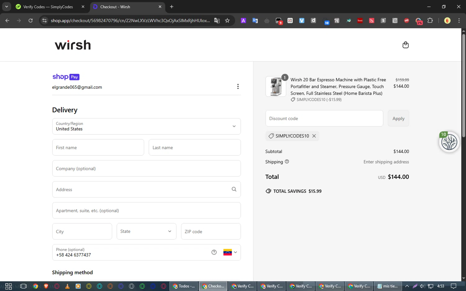 Wirsh promo code screenshot showing code SIMPLYCODES10 applied at Wirsh checkout page. Uploaded by SimplyCodes community member WonderWarden4709 on Apr 17, 2025