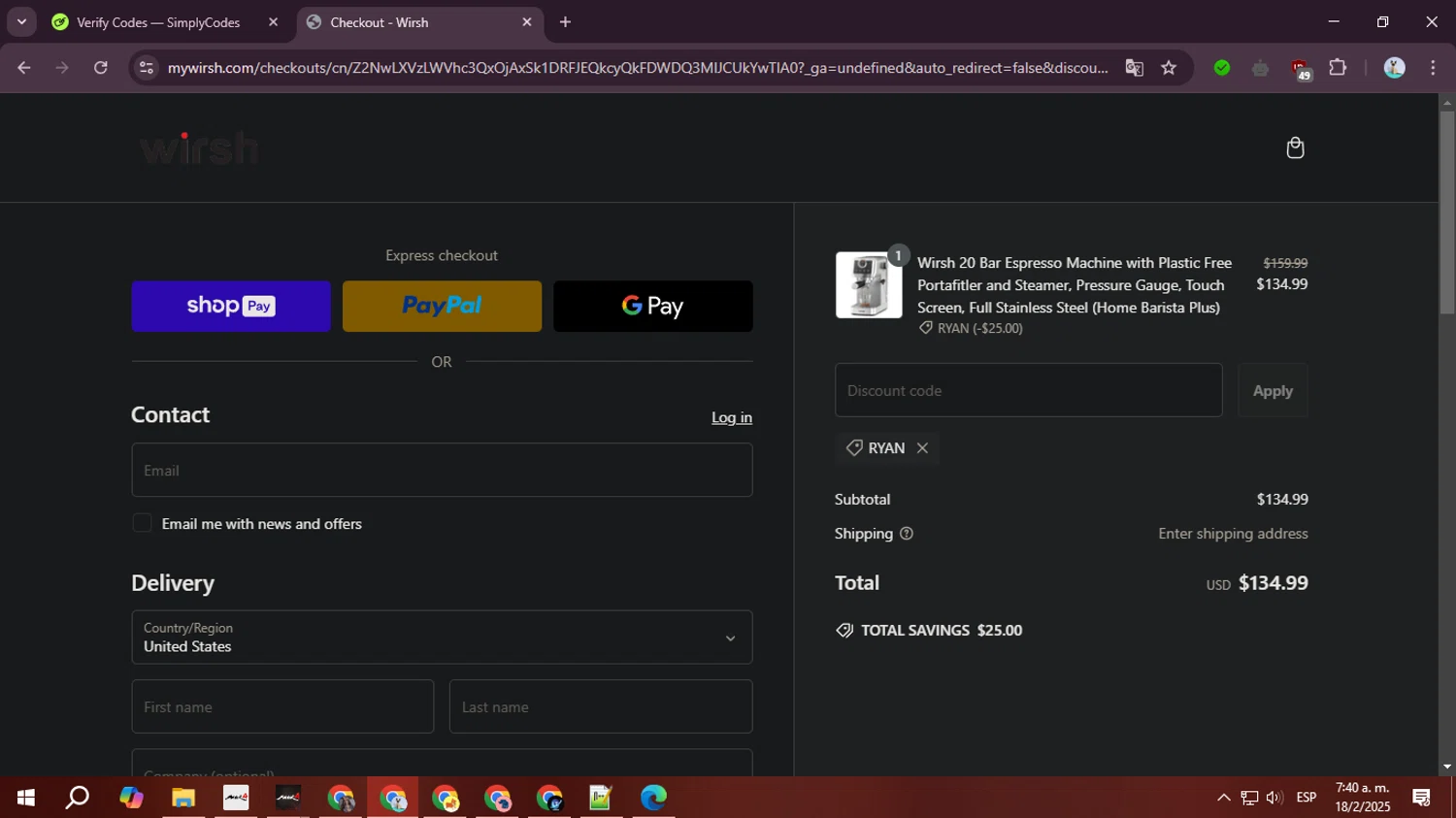 Wirsh promo code screenshot showing code RYAN applied at Wirsh checkout page. Uploaded by SimplyCodes community member ValiantLegend7294 on Feb 18, 2025