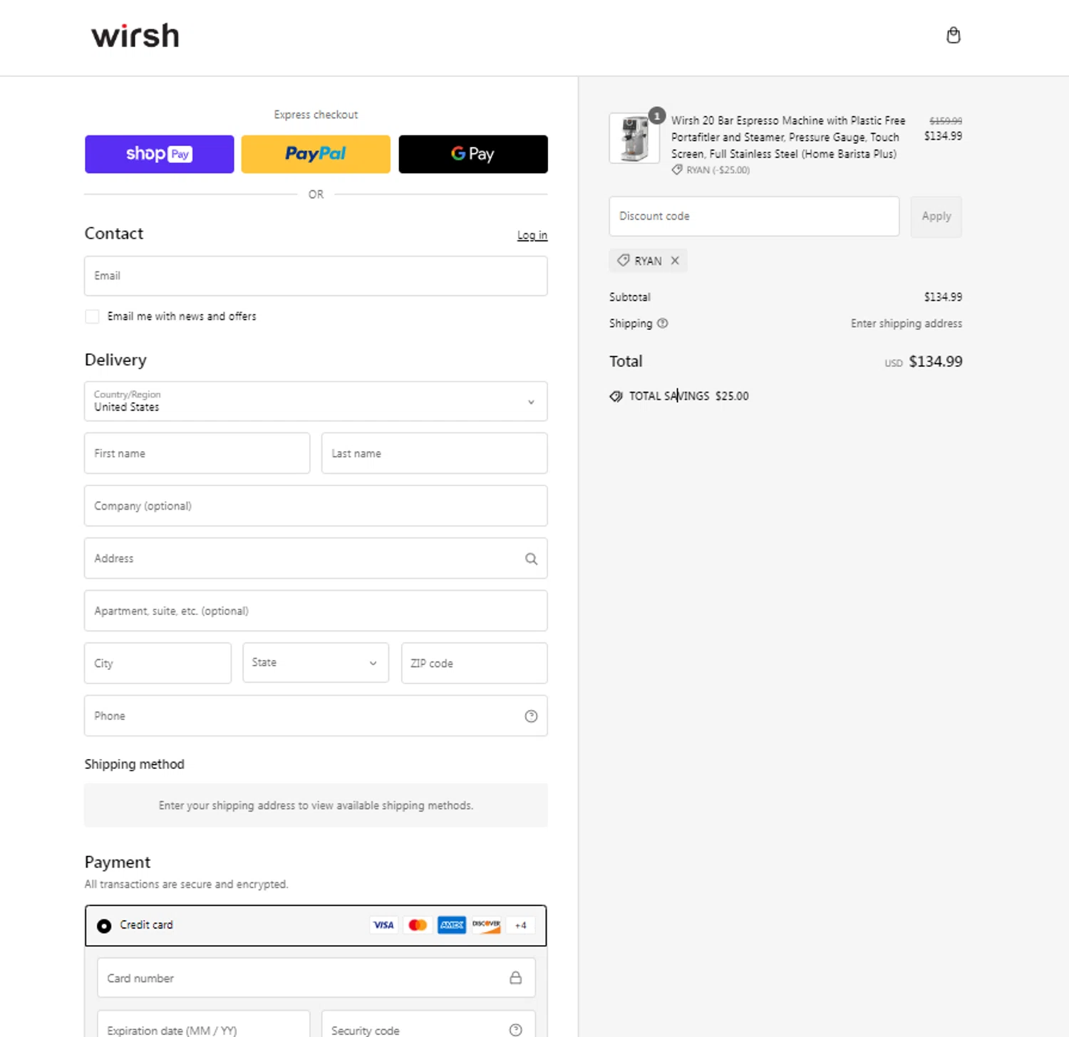 Wirsh promo code screenshot showing code RYAN applied at Wirsh checkout page. Uploaded by SimplyCodes community member Yonaikeryriarte08 on Feb 18, 2025