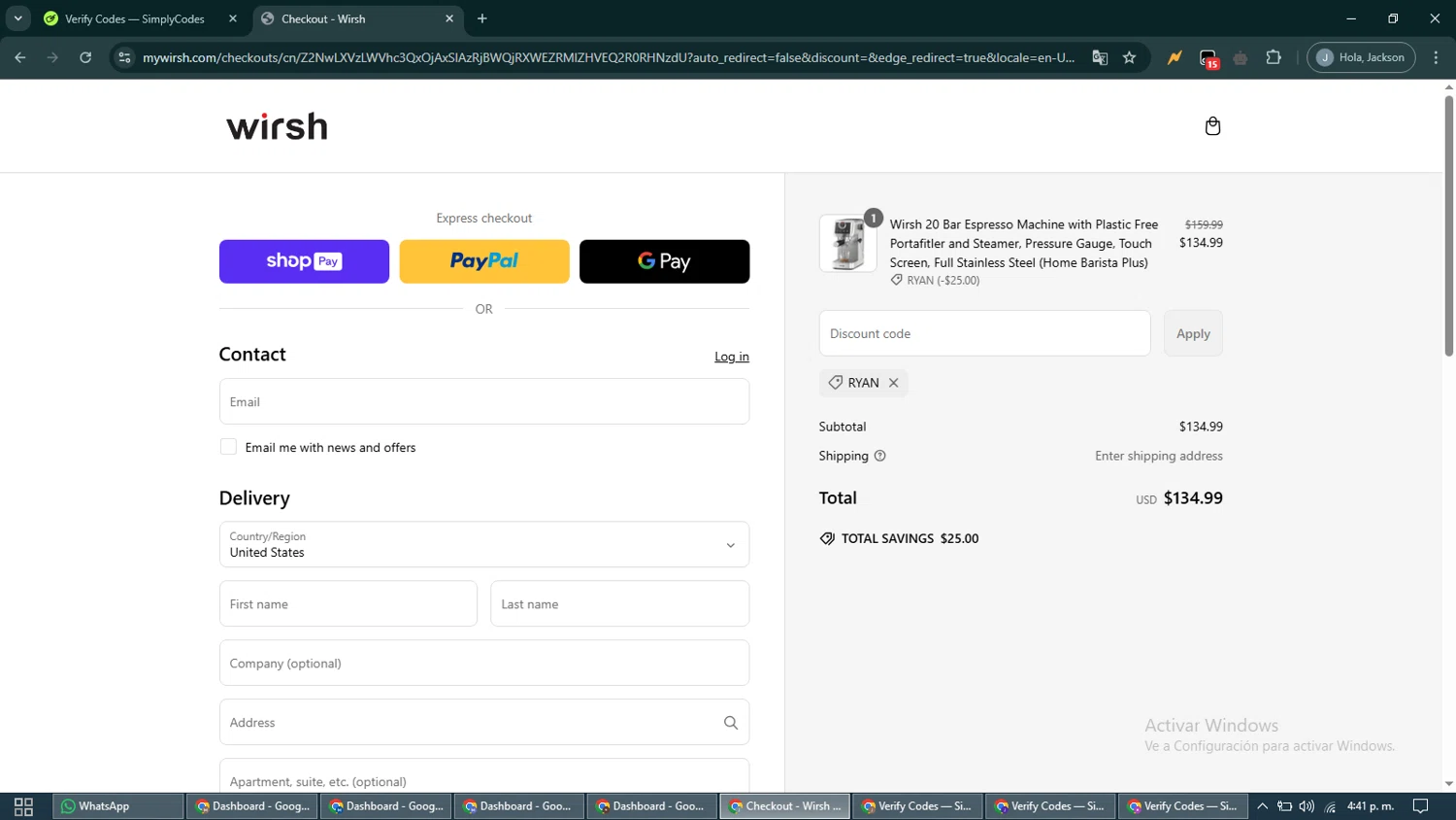Wirsh promo code screenshot showing code RYAN applied at Wirsh checkout page. Uploaded by SimplyCodes community member CashShopper1214 on Mar 11, 2025