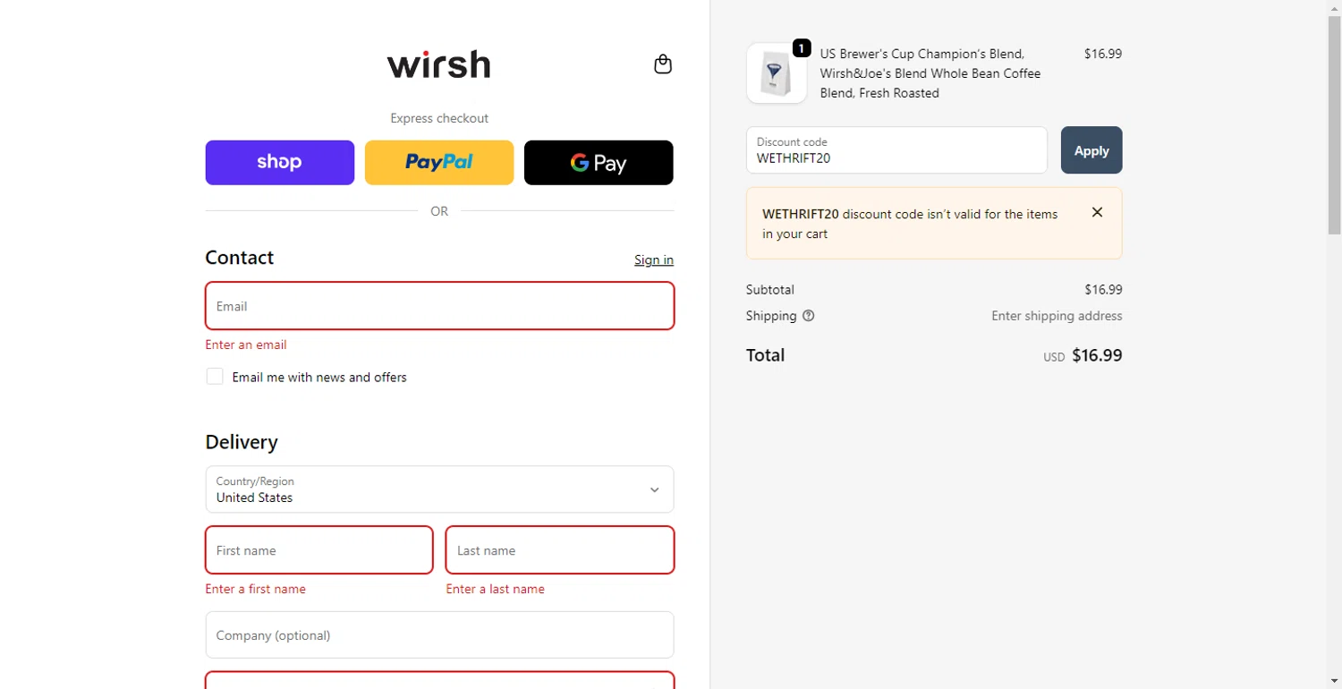 Wirsh promo code screenshot showing code WETHRIFT20 applied at Wirsh checkout page. Uploaded by SimplyCodes community member DiscountPhoenix427 on Nov 17, 2025