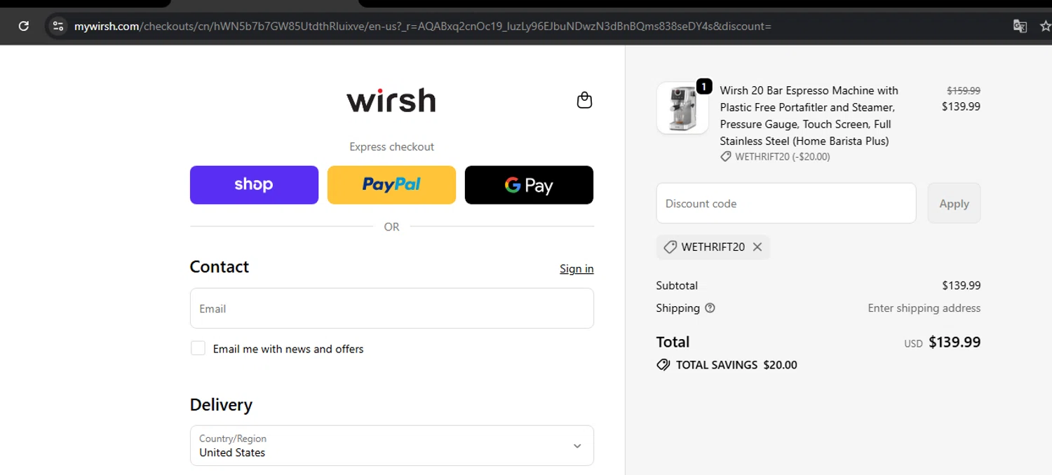 Wirsh promo code screenshot showing code WETHRIFT20 applied at Wirsh checkout page. Uploaded by SimplyCodes community member Kony24 on Nov 22, 2025