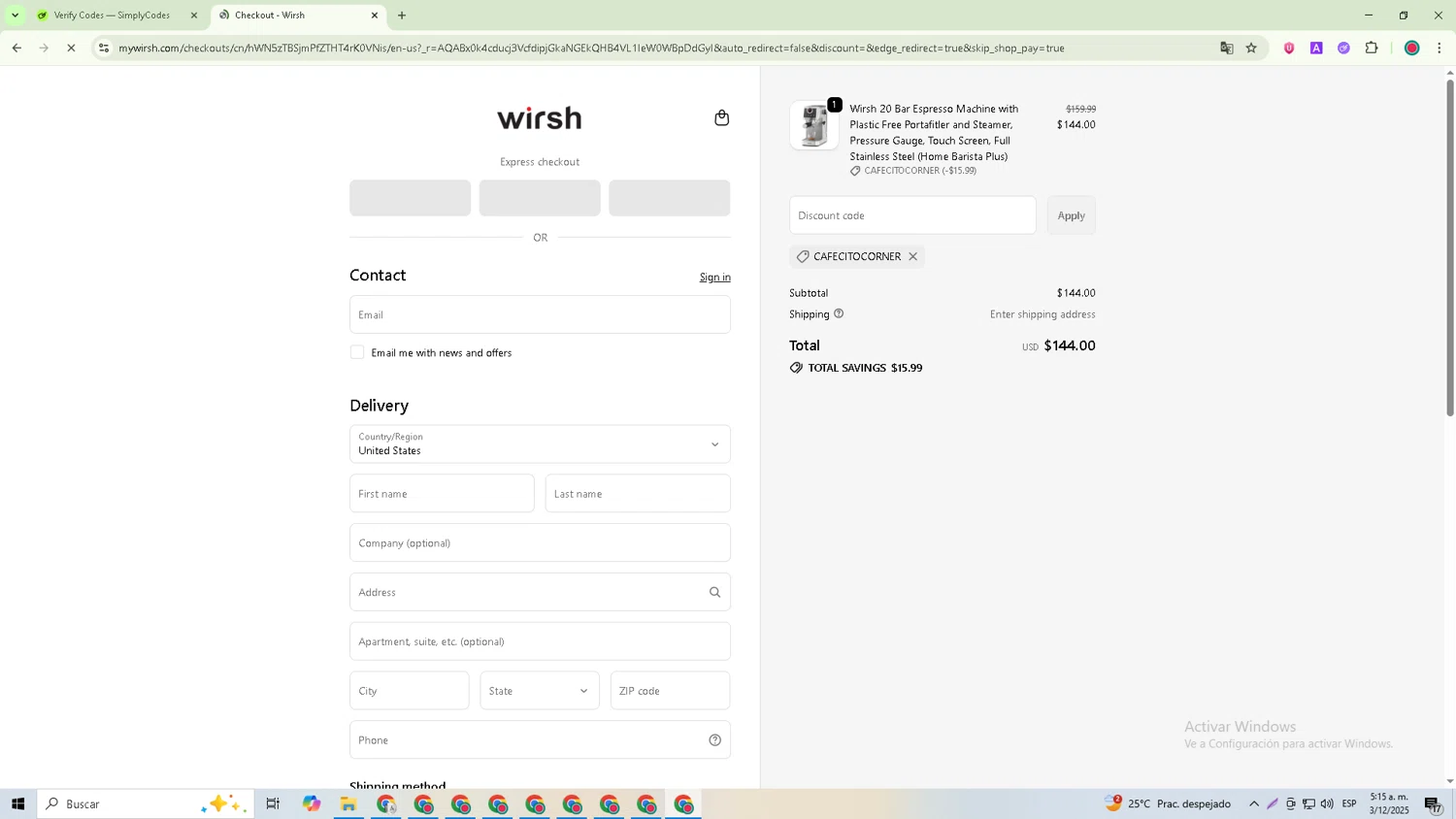 Wirsh promo code screenshot showing code CAFECITOCORNER applied at Wirsh checkout page. Uploaded by SimplyCodes community member David_Garcia on Dec 3, 2025
