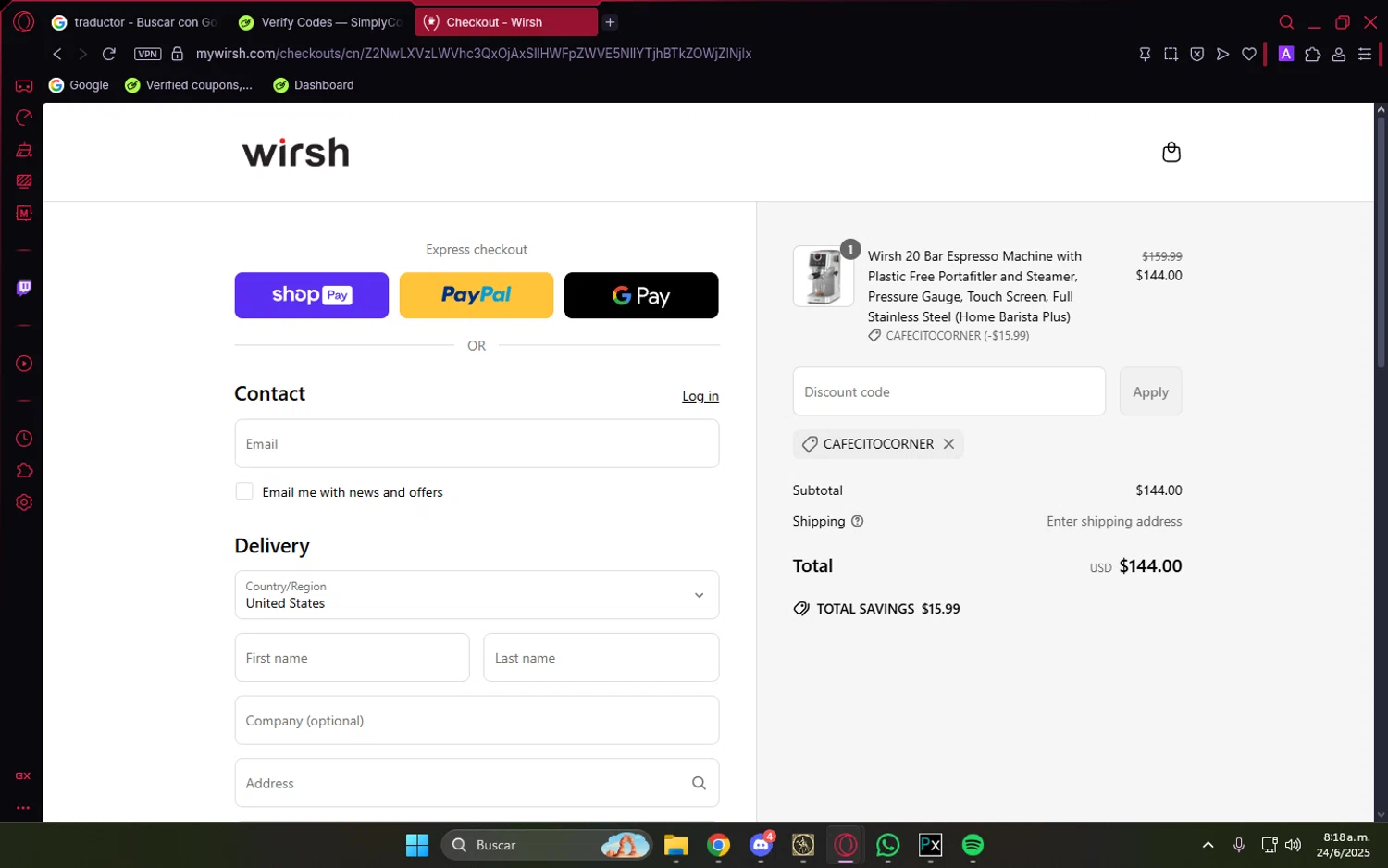 Wirsh promo code screenshot showing code CAFECITOCORNER applied at Wirsh checkout page. Uploaded by SimplyCodes community member LuckyVoyager5522 on Jun 24, 2025
