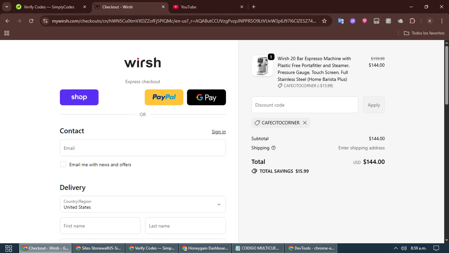 Wirsh promo code screenshot showing code CAFECITOCORNER applied at Wirsh checkout page. Uploaded by SimplyCodes community member SavingsBoss991 on Nov 12, 2025