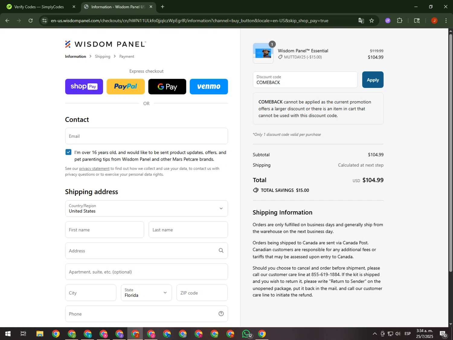 Wisdom Panel discount code screenshot showing code COMEBACK applied at Wisdom Panel checkout page. Uploaded by SimplyCodes community member KimDokja on Jul 25, 2025