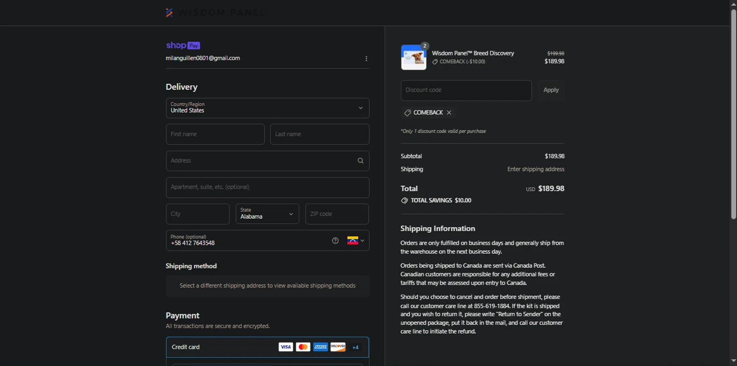 Wisdom Panel discount code screenshot showing code COMEBACK applied at Wisdom Panel checkout page. Uploaded by SimplyCodes community member _Capi_ on Jul 15, 2025