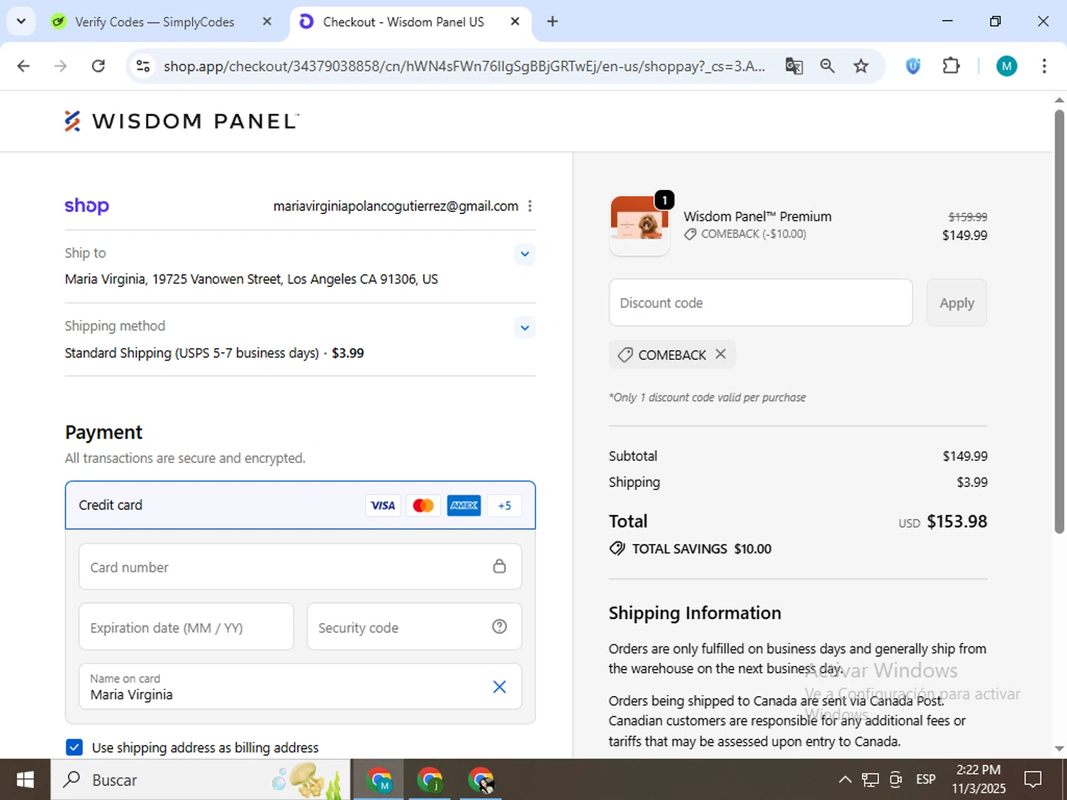 Wisdom Panel discount code screenshot showing code COMEBACK applied at Wisdom Panel checkout page. Uploaded by SimplyCodes community member estrellaveloz on Nov 3, 2025