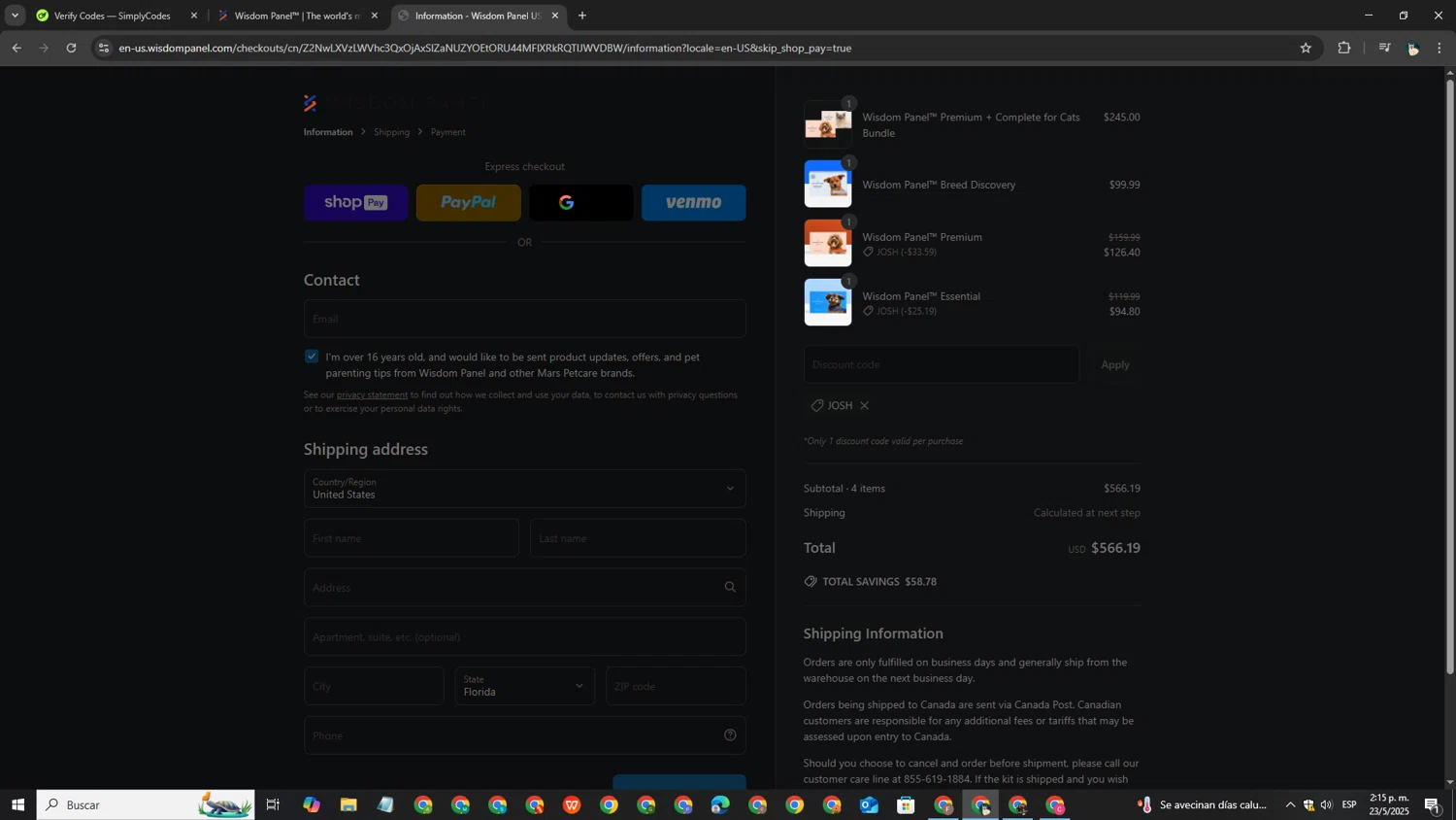 Wisdom Panel discount code screenshot showing code josh applied at Wisdom Panel checkout page. Uploaded by SimplyCodes community member EpicPro4648 on May 23, 2025