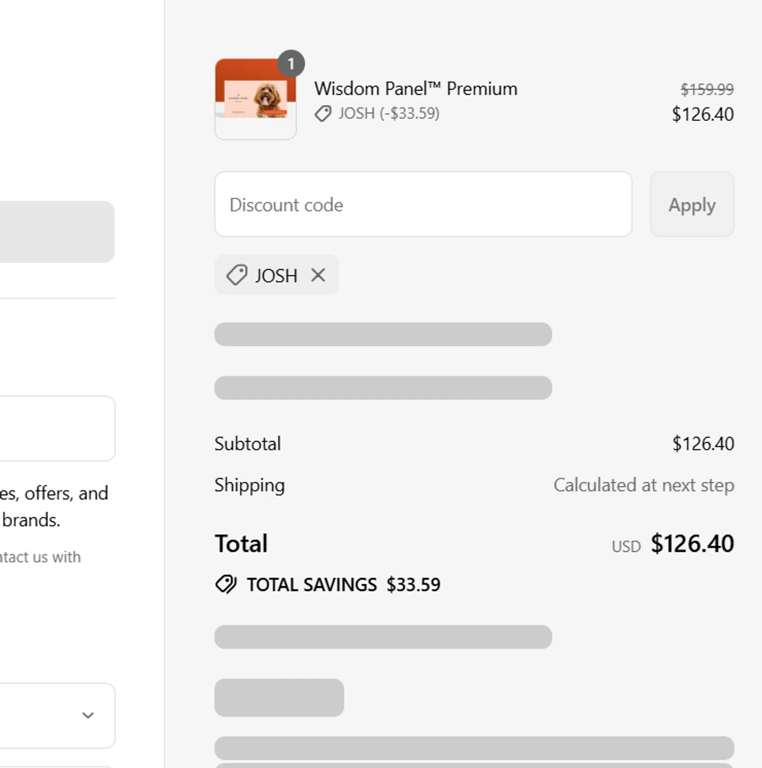 Wisdom Panel discount code screenshot showing code josh applied at Wisdom Panel checkout page. Uploaded by SimplyCodes community member TULA515 on Jul 18, 2025