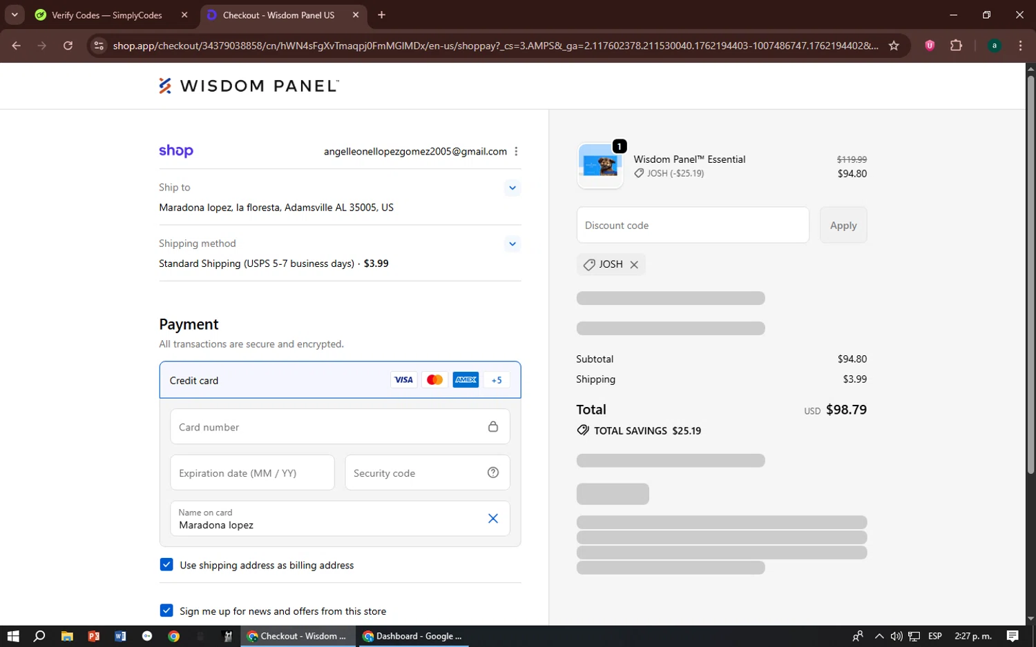 Wisdom Panel discount code screenshot showing code josh applied at Wisdom Panel checkout page. Uploaded by SimplyCodes community member zizu55 on Nov 3, 2025