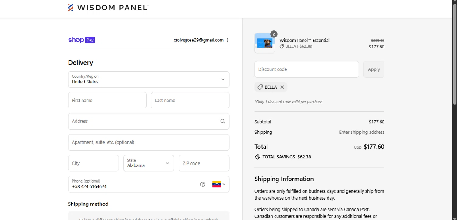 Wisdom Panel discount code screenshot showing code bella applied at Wisdom Panel checkout page. Uploaded by SimplyCodes community member Xiooh292929 on Aug 11, 2025