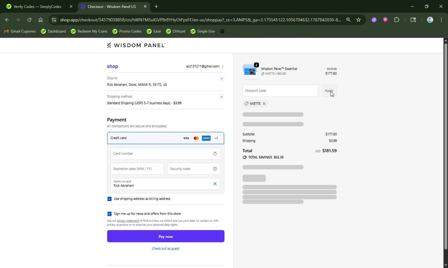 Wisdom Panel discount code screenshot showing code Miette applied at Wisdom Panel checkout page. Uploaded by SimplyCodes community member LHaunter2 on Jan 8, 2026