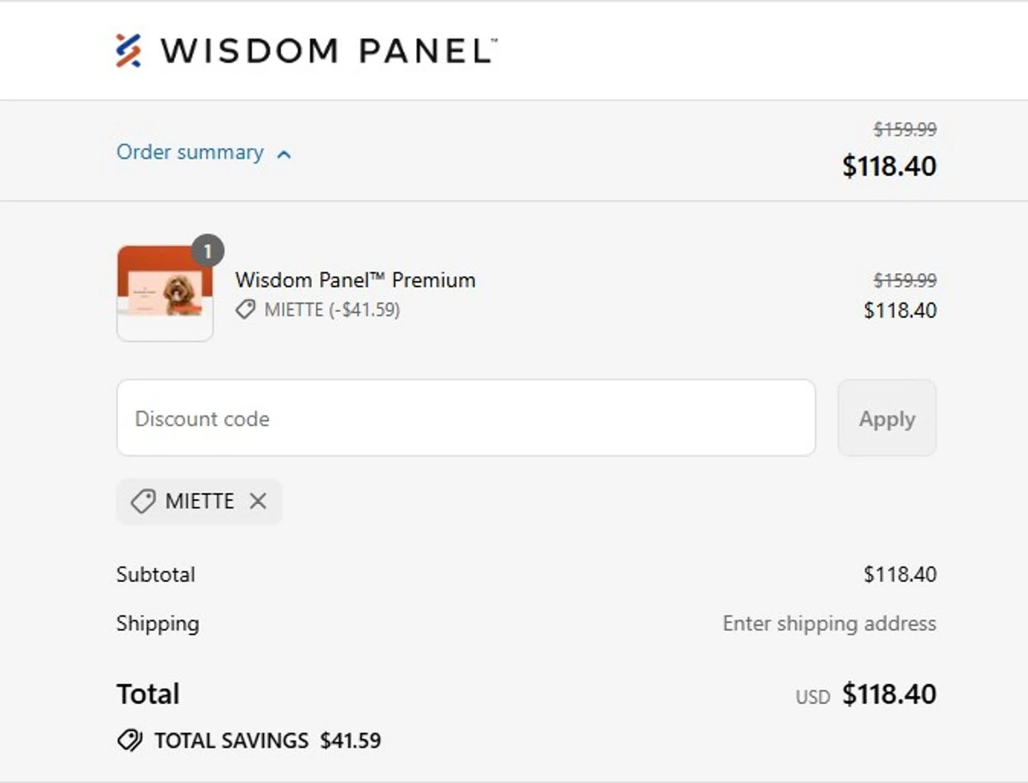 Wisdom Panel discount code screenshot showing code Miette applied at Wisdom Panel checkout page. Uploaded by SimplyCodes community member MagnificentCollector7829 on Jul 22, 2025