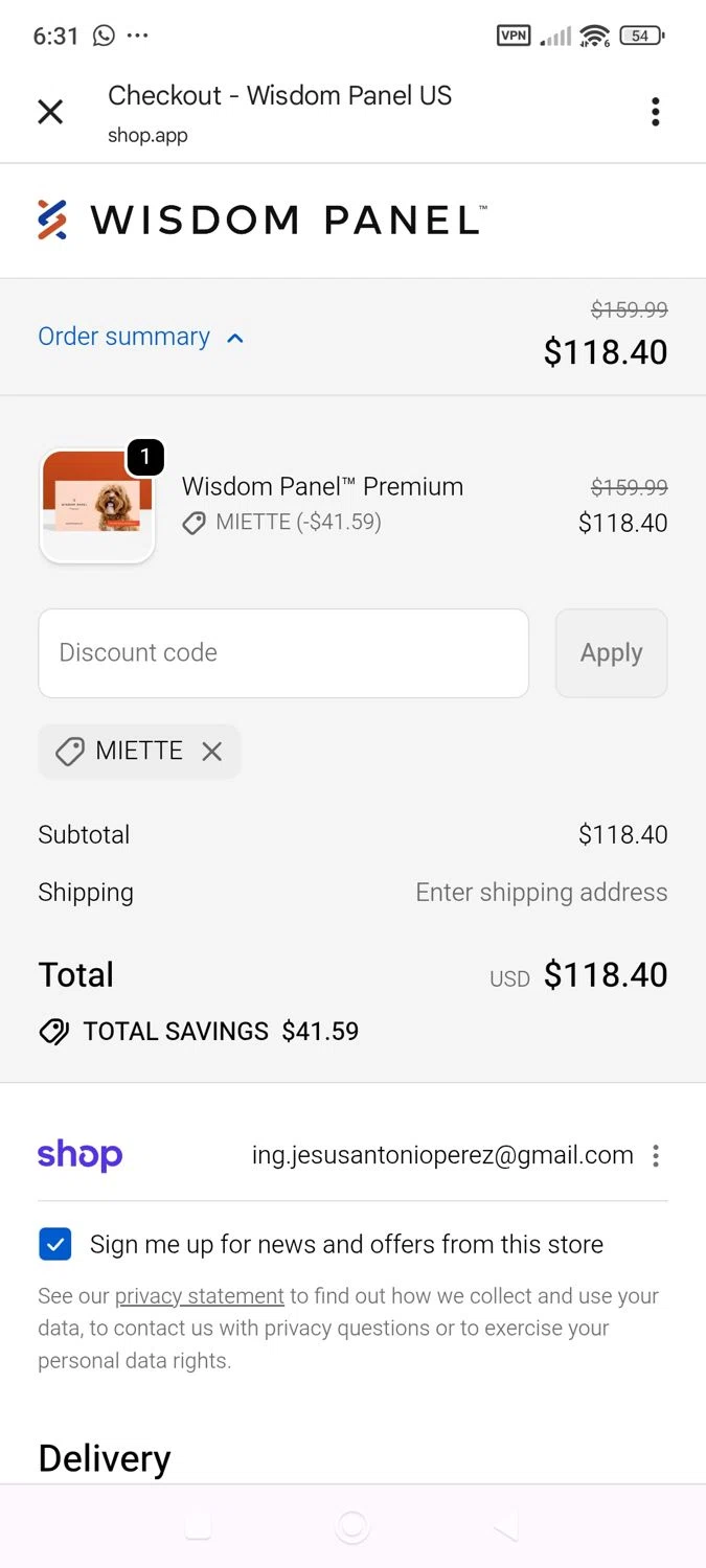Wisdom Panel discount code screenshot showing code Miette applied at Wisdom Panel checkout page. Uploaded by SimplyCodes community member ShieldWhiz4659 on Sep 25, 2025