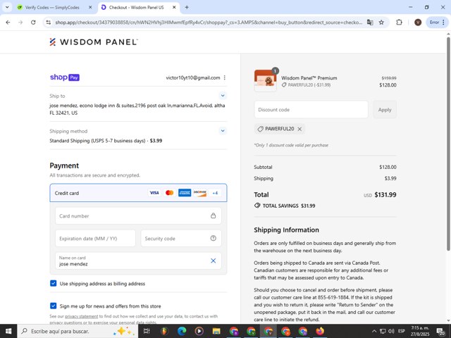 Wisdom Panel checkout page showing Wisdom Panel discount code box | Screenshot taken by SimplyCodes community member on Aug 27, 2025