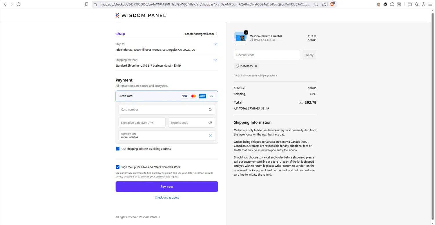 Wisdom Panel checkout page showing Wisdom Panel discount code box | Screenshot taken by SimplyCodes community member on Feb 10, 2026