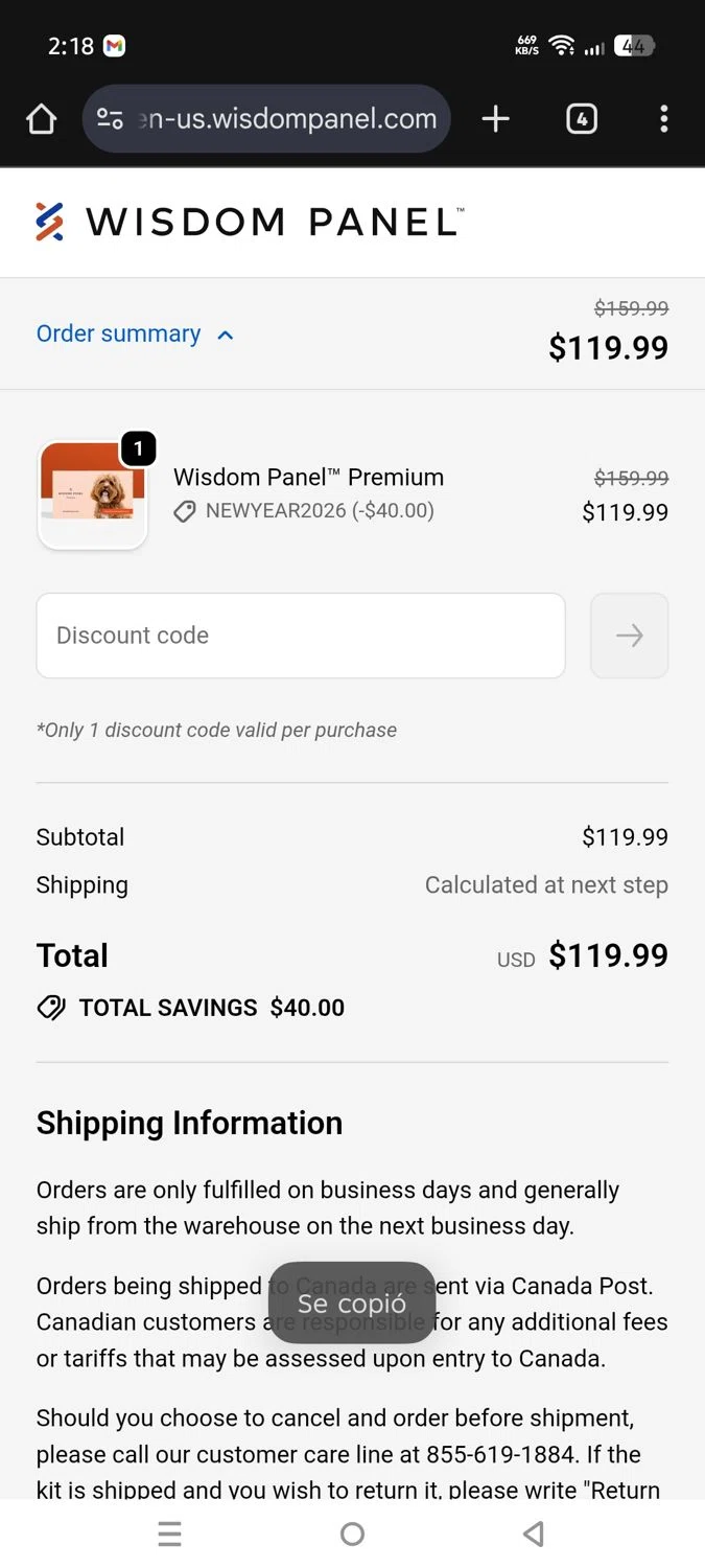 Wisdom Panel discount code screenshot showing code NEWYEAR2026 applied at Wisdom Panel checkout page. Uploaded by SimplyCodes community member Mdeoca on Jan 4, 2026
