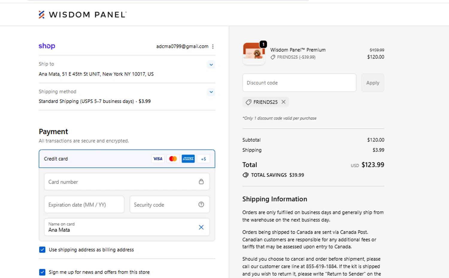 Wisdom Panel discount code screenshot showing code FRIENDS25 applied at Wisdom Panel checkout page. Uploaded by SimplyCodes community member peachee on Nov 1, 2025