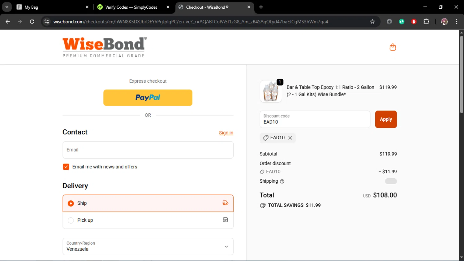 Wise Bond promo code screenshot showing code EAD10 applied at Wise Bond checkout page. Uploaded by SimplyCodes community member Juliet on Feb 2, 2026