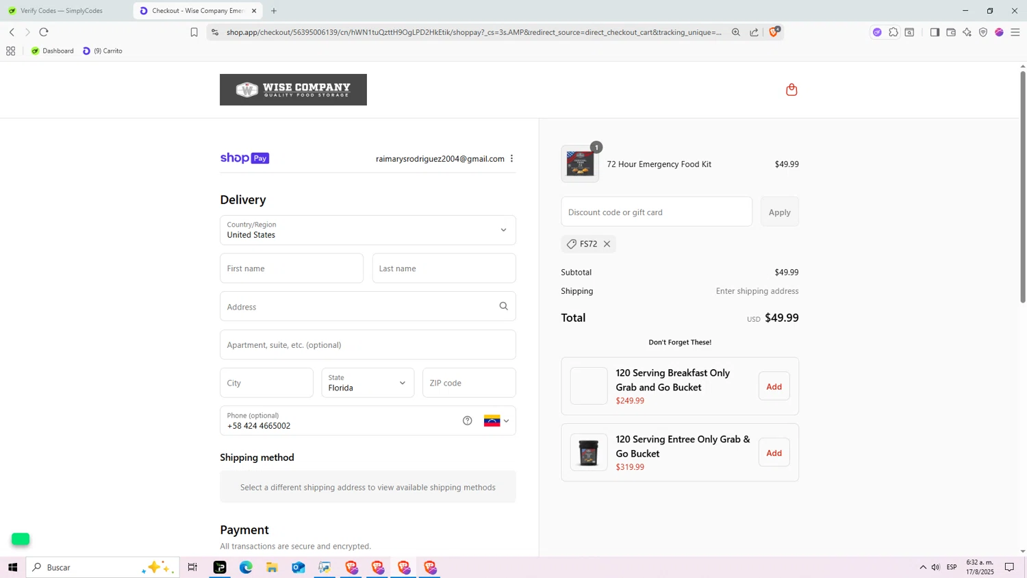 Wise Company - Wise Food Storage promo code screenshot showing code FS72 applied at Wise Company - Wise Food Storage checkout page. Uploaded by SimplyCodes community member Raiiii18 on Aug 17, 2025