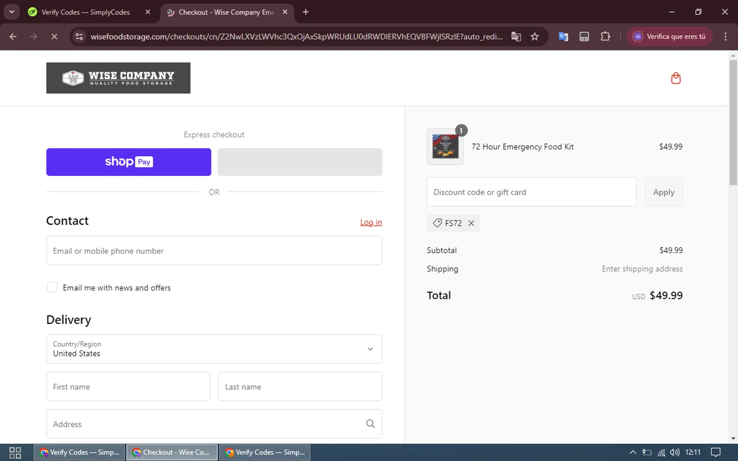 Wise Company - Wise Food Storage promo code screenshot showing code FS72 applied at Wise Company - Wise Food Storage checkout page. Uploaded by SimplyCodes community member WiseCurator3690 on Jan 30, 2025