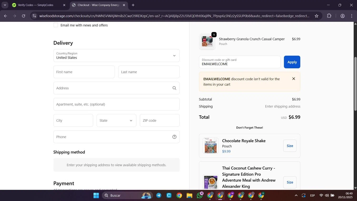 Wise Company - Wise Food Storage promo code screenshot showing code EMAILWELCOME applied at Wise Company - Wise Food Storage checkout page. Uploaded by SimplyCodes community member Puppet on Nov 20, 2025