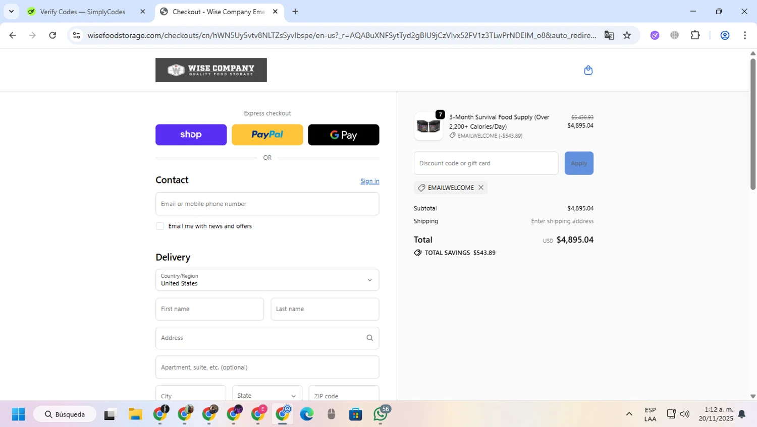 Wise Company - Wise Food Storage promo code screenshot showing code EMAILWELCOME applied at Wise Company - Wise Food Storage checkout page. Uploaded by SimplyCodes community member greulis on Nov 20, 2025