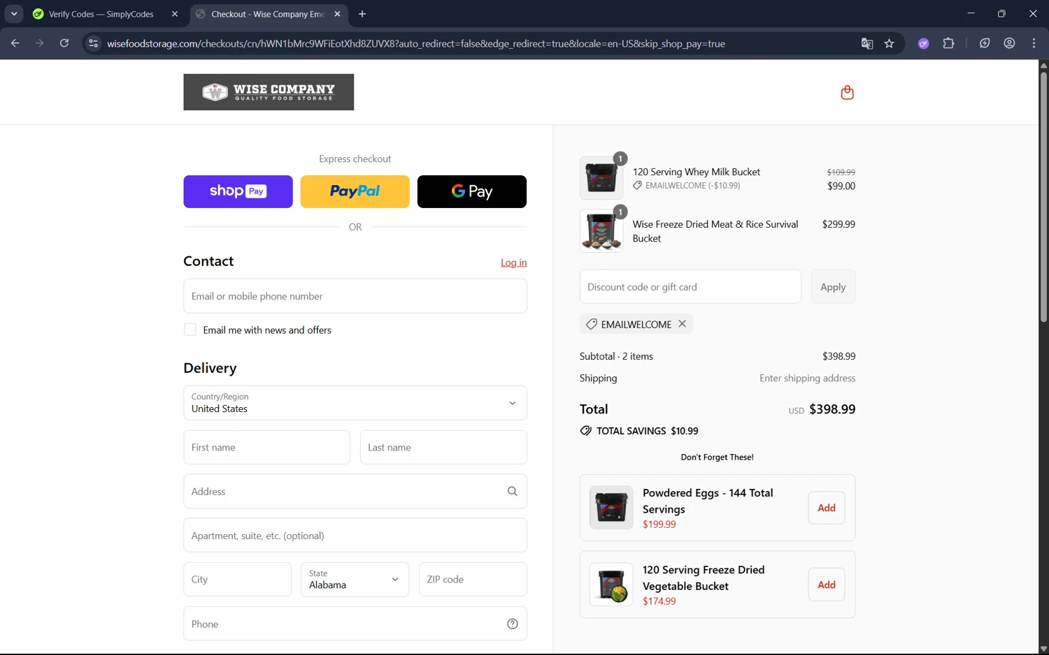 Wise Company - Wise Food Storage promo code screenshot showing code EMAILWELCOME applied at Wise Company - Wise Food Storage checkout page. Uploaded by SimplyCodes community member juan1702 on Aug 9, 2025