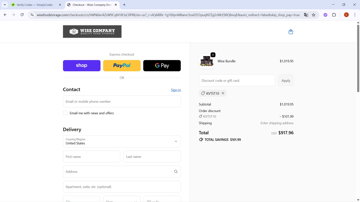 Wise Company - Wise Food Storage promo code screenshot showing code KVTST10 applied at Wise Company - Wise Food Storage checkout page. Uploaded by SimplyCodes community member RoyalSaver3150 on Dec 11, 2025