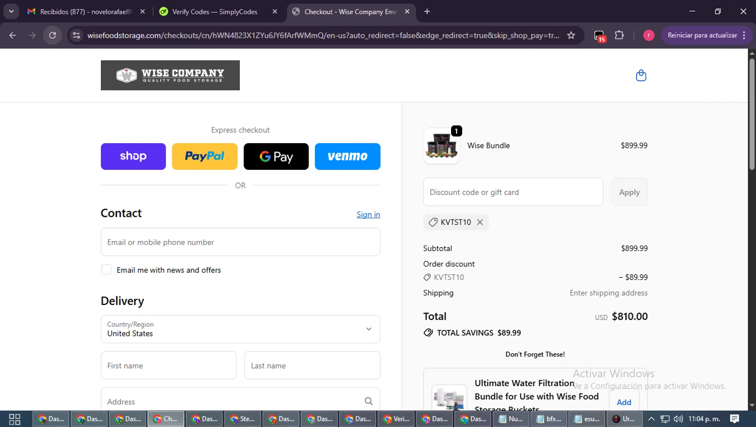 Wise Company - Wise Food Storage promo code screenshot showing code KVTST10 applied at Wise Company - Wise Food Storage checkout page. Uploaded by SimplyCodes community member WisePro3739 on Oct 15, 2025