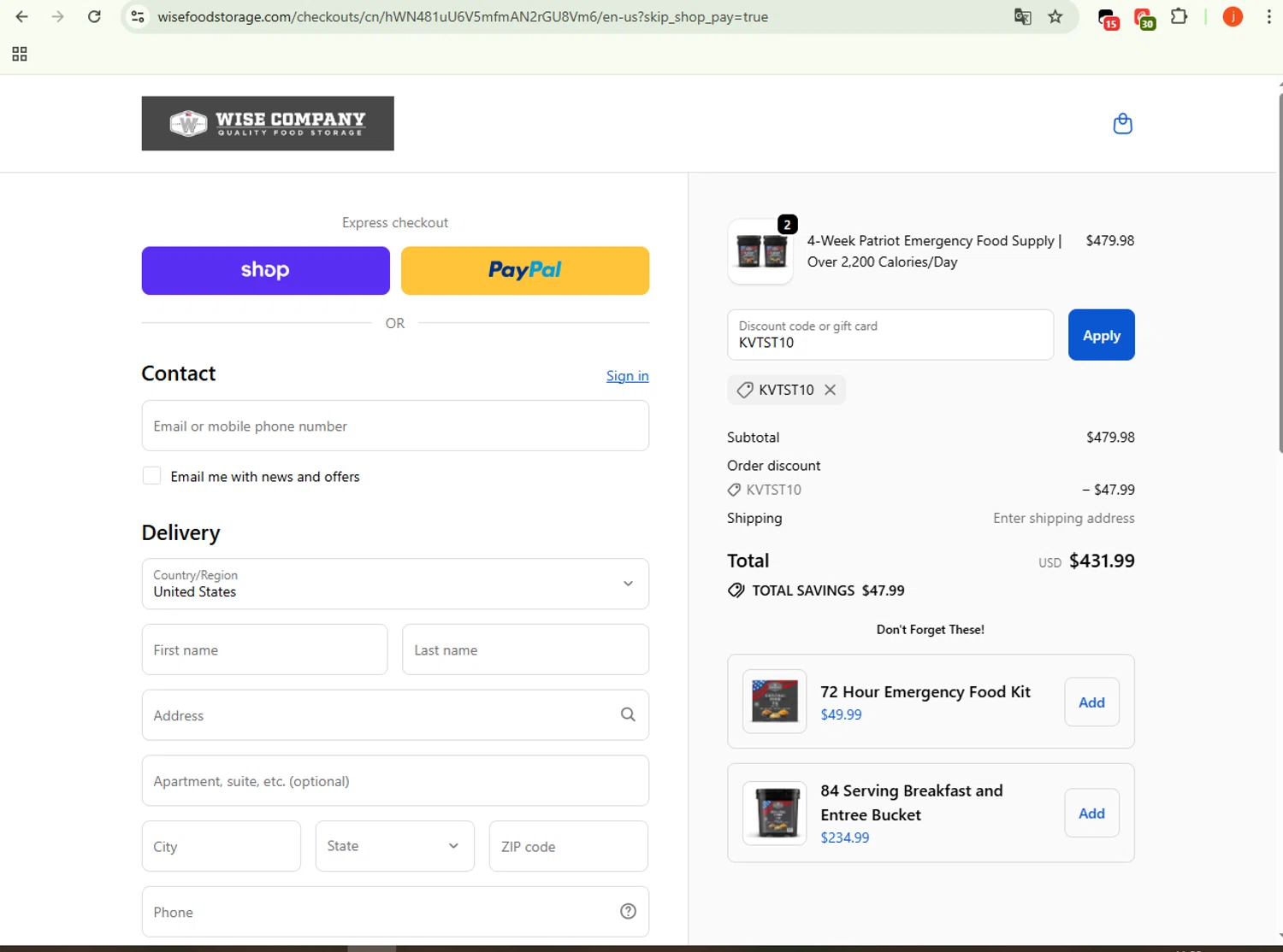 Wise Company - Wise Food Storage promo code screenshot showing code KVTST10 applied at Wise Company - Wise Food Storage checkout page. Uploaded by SimplyCodes community member WonderSpotter5339 on Oct 15, 2025
