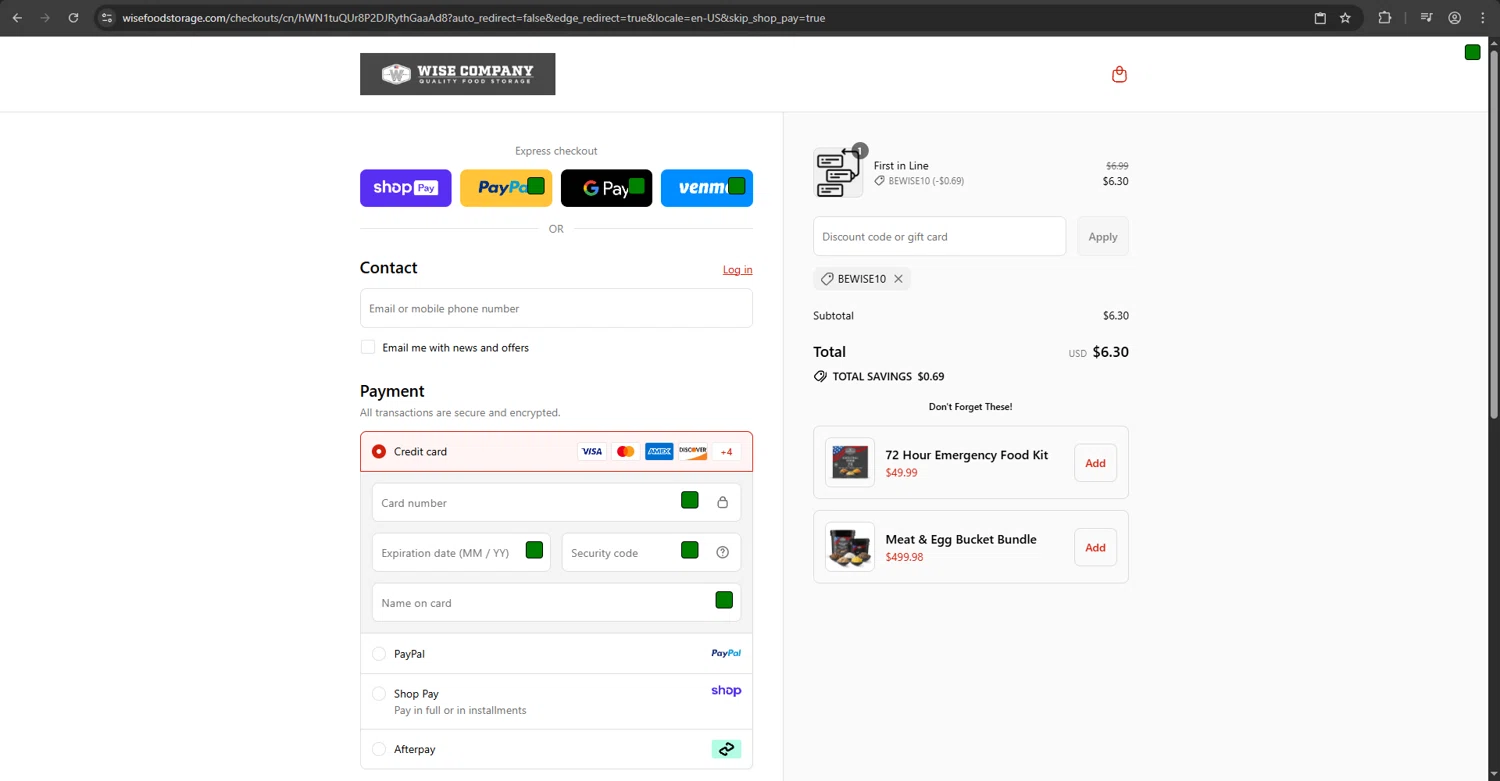 Wise Company - Wise Food Storage promo code screenshot showing code BEWISE10 applied at Wise Company - Wise Food Storage checkout page. Uploaded by SimplyCodes community member megagei on Aug 17, 2025