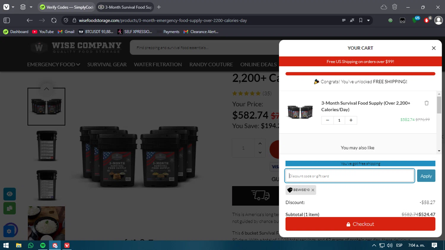 Wise Company - Wise Food Storage promo code screenshot showing code BEWISE10 applied at Wise Company - Wise Food Storage checkout page. Uploaded by SimplyCodes community member verify_codes on Jan 10, 2025