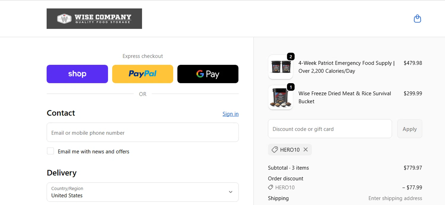 Wise Company - Wise Food Storage promo code screenshot showing code HERO10 applied at Wise Company - Wise Food Storage checkout page. Uploaded by SimplyCodes community member shark12 on Oct 18, 2025