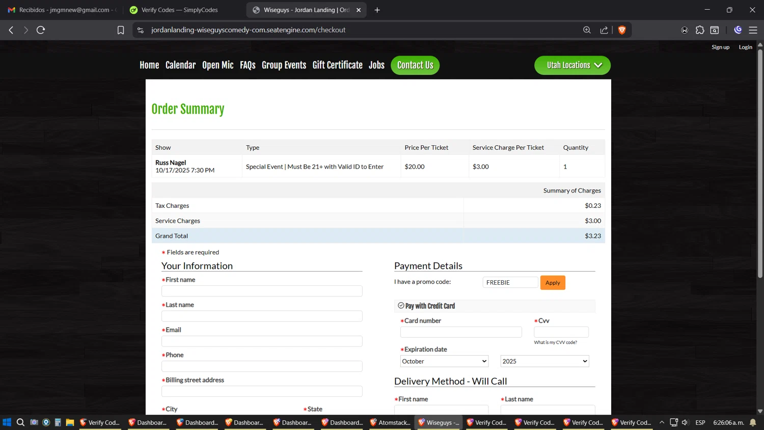Wiseguys Comedy checkout page showing Wiseguys Comedy promo code box | Screenshot taken by SimplyCodes community member on Oct 8, 2025