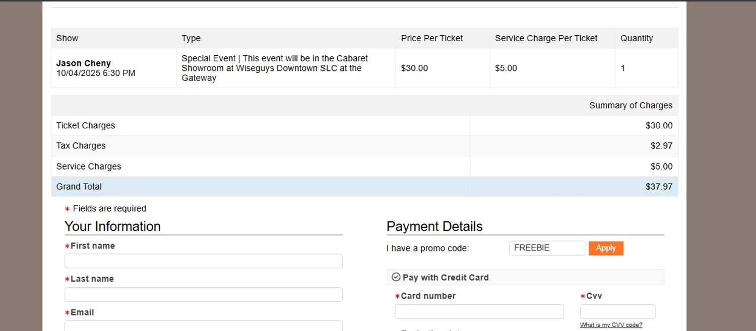 Wiseguys Comedy checkout page showing Wiseguys Comedy promo code box | Screenshot taken by SimplyCodes community member on Sep 20, 2025