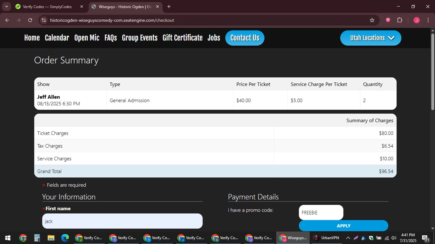 Wiseguys Comedy checkout page showing Wiseguys Comedy promo code box | Screenshot taken by SimplyCodes community member on Jul 31, 2025
