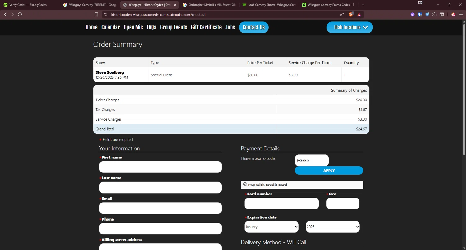 Wiseguys Comedy promo code screenshot showing code FREEBIE applied at Wiseguys Comedy checkout page. Uploaded by SimplyCodes community member Tenmyoldy on Dec 19, 2025