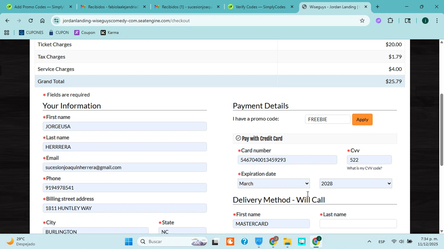 Wiseguys Comedy promo code screenshot showing code FREEBIE applied at Wiseguys Comedy checkout page. Uploaded by SimplyCodes community member jorgejavierherrera on Dec 11, 2025