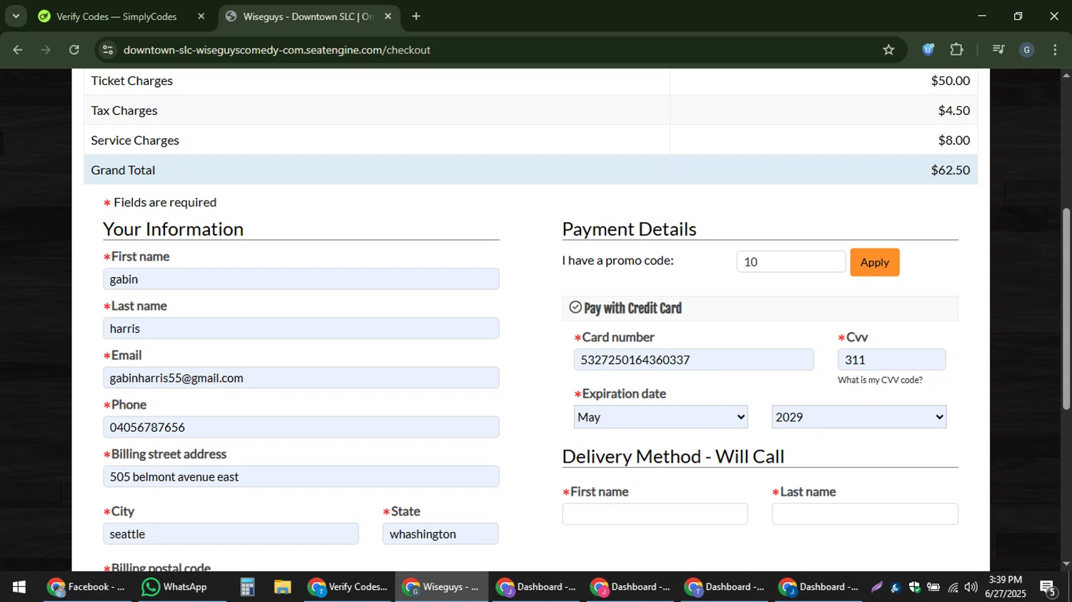 Wiseguys Comedy checkout page showing Wiseguys Comedy promo code box | Screenshot taken by SimplyCodes community member on Jun 27, 2025