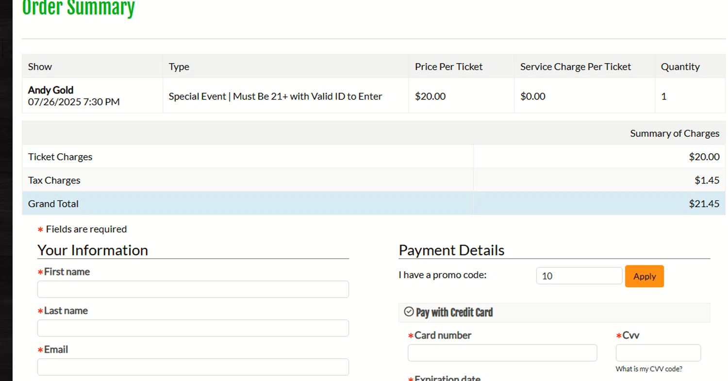 Wiseguys Comedy promo code screenshot showing code 10 applied at Wiseguys Comedy checkout page. Uploaded by SimplyCodes community member mangoBajito1543 on Jul 26, 2025