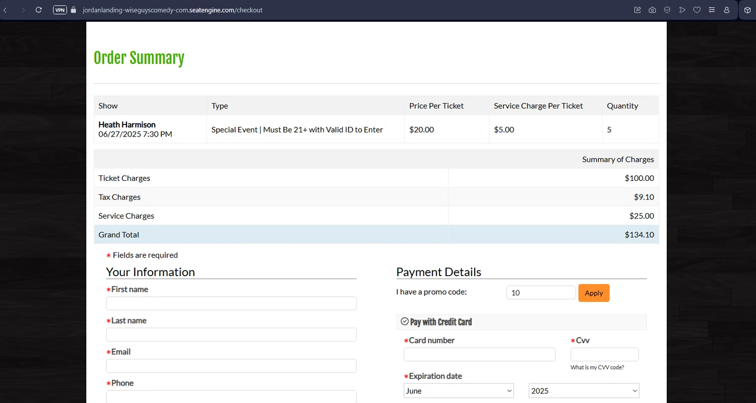 Wiseguys Comedy promo code screenshot showing code 10 applied at Wiseguys Comedy checkout page. Uploaded by SimplyCodes community member rafaelmarquez on Jun 27, 2025