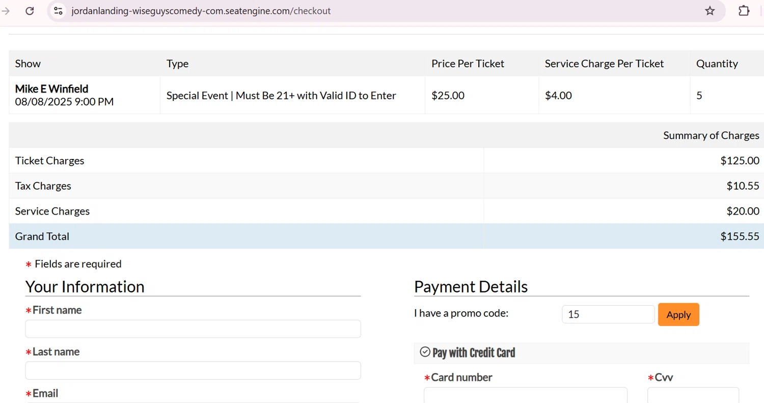 Wiseguys Comedy promo code screenshot showing code 15 applied at Wiseguys Comedy checkout page. Uploaded by SimplyCodes community member ShieldGuardian6801 on Jun 27, 2025