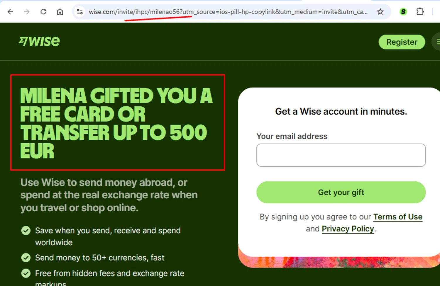 Wise coupon code screenshot showing code milenao56 applied at Wise checkout page. Uploaded by SimplyCodes community member morella687 on Jan 31, 2026