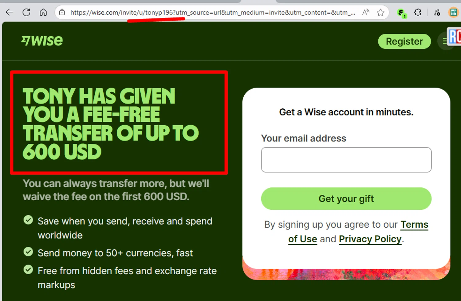 Wise coupon code screenshot showing code tonyp196 applied at Wise checkout page. Uploaded by SimplyCodes community member paola49520 on Oct 7, 2025