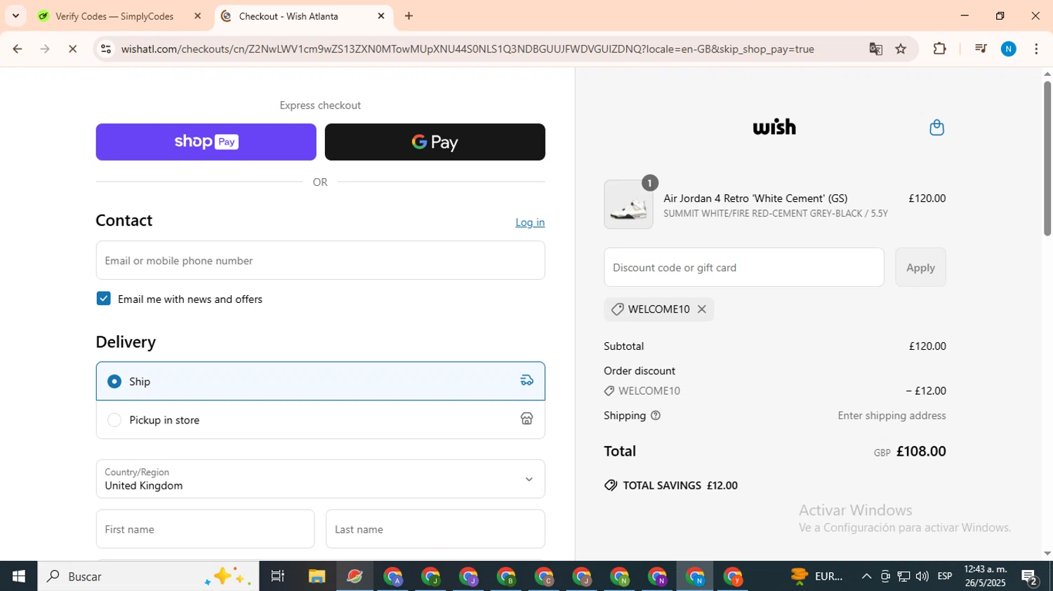 Wish Atlanta promo code screenshot showing code WELCOME10 applied at Wish Atlanta checkout page. Uploaded by SimplyCodes community member CoinHawk678 on May 26, 2025