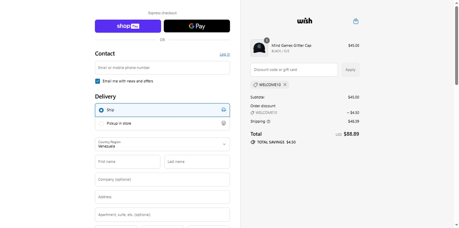 Wish Atlanta promo code screenshot showing code WELCOME10 applied at Wish Atlanta checkout page. Uploaded by SimplyCodes community member renegul on Jul 9, 2025